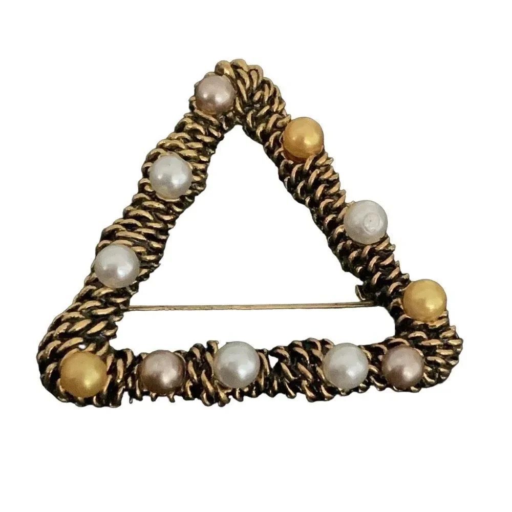 Vintage Style Triangle Lapel Pin in Antique Gold Finish with Faux Pearls